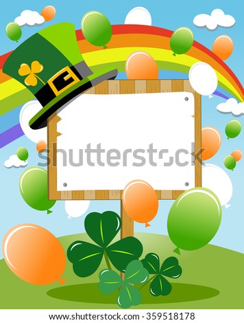 Blank wooden board sign outdoor with Saint Patricks hat on top, rainbow, balloons and shamrocks for happy St. Patricks or Saint Patrick s Day invitation