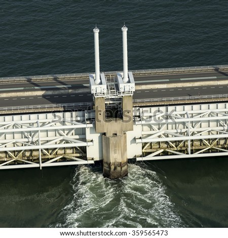 Close up aerial view of the Oosterscheldekering, a storm surge barrier which is part of the delta works to protect Holland from high sea level