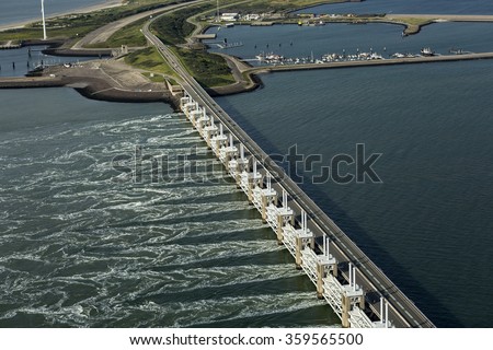 Aerial picture of the Oosterscheldekering, a storm surge barrier which is part of the delta works to protect Holland from high sea level