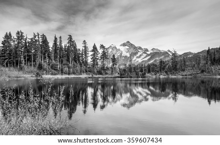 scenic view of mt Shuksan when sunset with reflection in the water,Washington,USA. -black and white.