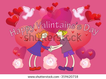 Romantic gift card with cute cartoon couple, hearts, roses, birds. Design element for postcard, flyer, banner, poster, decoration, event, celebration party, Valentine Day. Vector illustration.