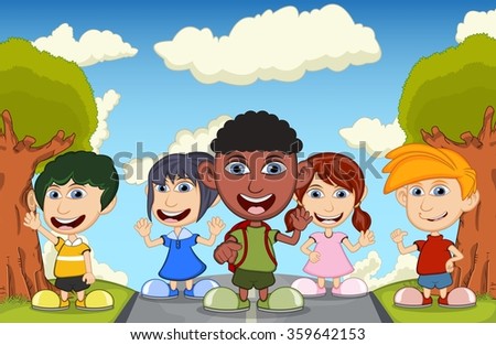 Children playing at the street waving their hand cartoon vector illustration