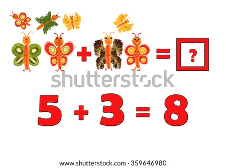 Illustration of Education Mathematics for Preschool Children. The figures are made of fruits and vegetables for the development of figurative and abstract thinking. 