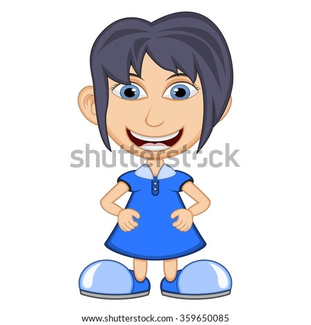 Little girl wearing a blue dress cartoon vector illustration
