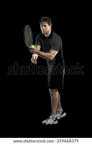 Tennis player with a black shirt, playing on a black background.