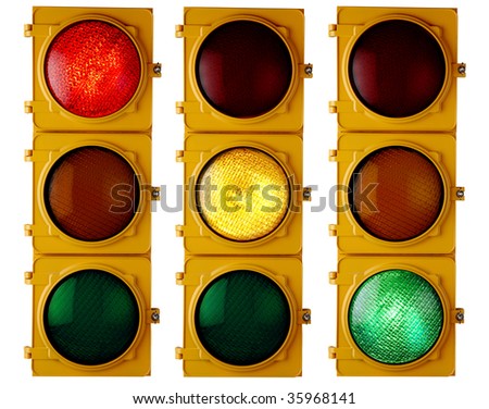 Traffic light repeated three times, each with a different light "on"