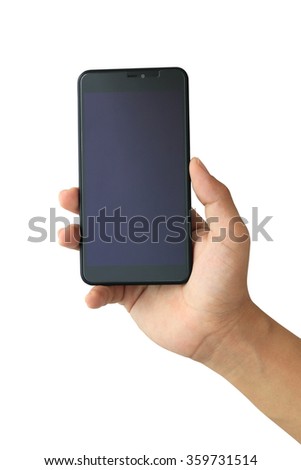 Woman hand holding Smartphone with blank screen on white background