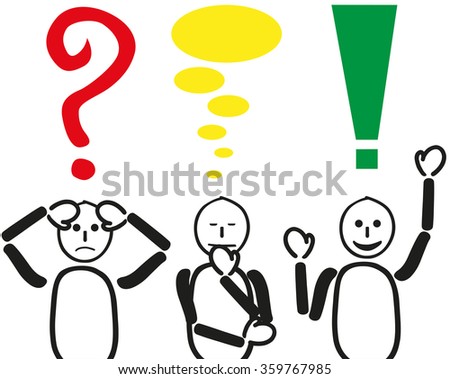 Starting with the problem worrying do find a solution. Presented with three males and this question mark, thought bubbles and exclamation marks. With appropriate facial expressions.