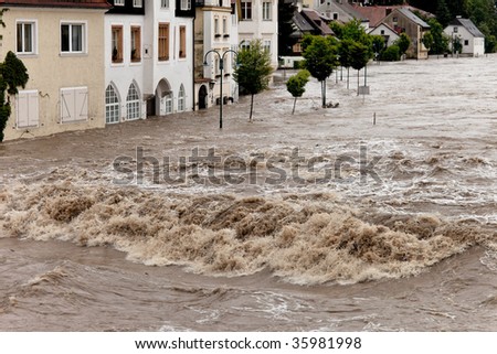 Floods and flooding the streets in Steyr, Austria