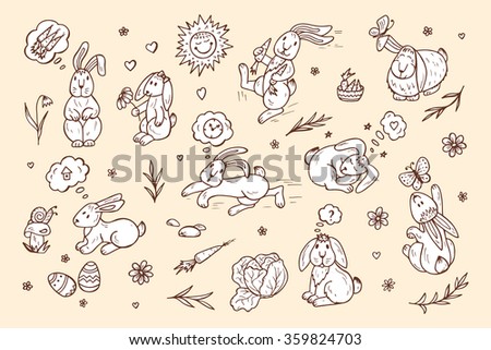 Rabbits set. Hand drawn doodle bunnies - vector illustration
