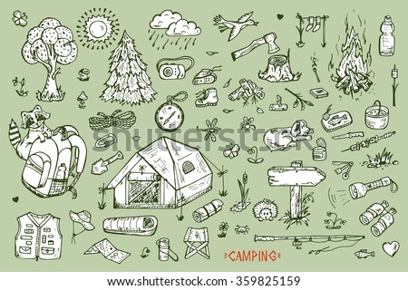 Tourism and camping set. Hand drawn doodle Camping Elements - vector illustration