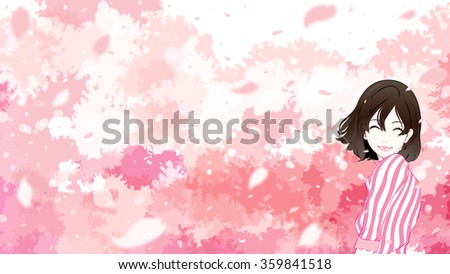 A woman and storm of falling cherry blossoms / laugh