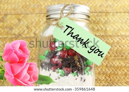 thank you letter tag or label with rose flower and mason jar 