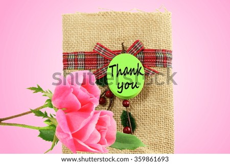 thank you letter tag or label with rose flower  jute bag 