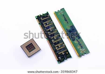CPU, RAM module on white background. Selective focus. Shallow DOF.