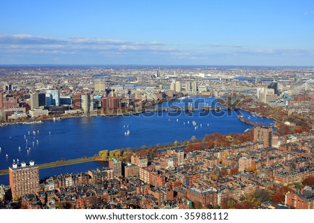 Boston's downtown, aerial view of the Charles River and the Cambrige University, Boston in the autumn, panorama of the Charles River in Boston, Boston's Prudential Building panorama