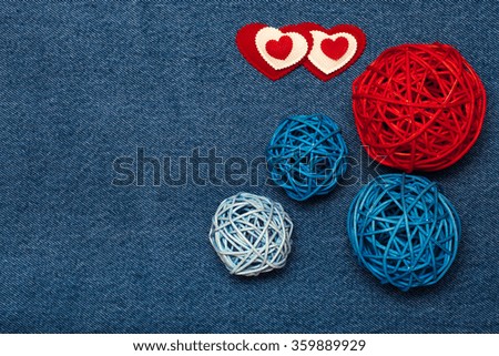 Romantic composition and space for text. Romantic love theme on jeans background.