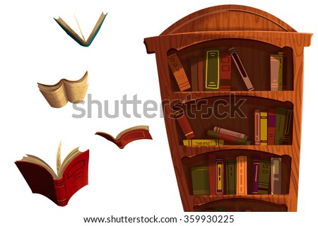 Clip Art Set: The Books and BookShelf isolated on White Background. Realistic Fantastic Cartoon Style Artwork Scene, Wallpaper, Game Story Background, Card Design
