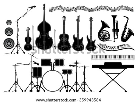 Set of musical instruments in vector - guitar, piano, trumpet, french horn, drum set, saxophone, violin, double bass, bow, microphone, speaker, music notes