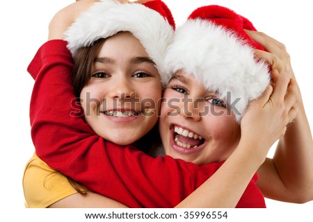 Young boy and girl as Santa Claus isolated on white background