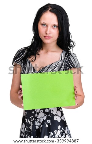 Smiling young business woman showing blank signboard, over white background isolated