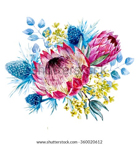 watercolor floral composition protea flower, blue thorn, small yellow flowers, floral bouquet