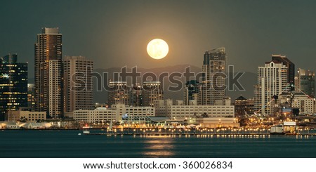 San Diego downtown skyline and full moon over water at night