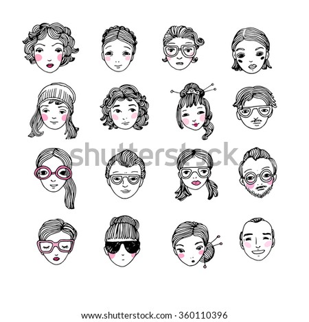 Different faces. Hand drawing isolated objects on white background. Vector illustration. 