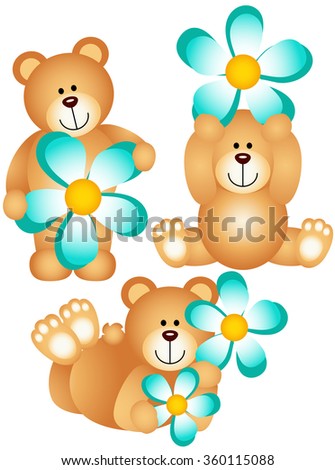 Three teddy bears with blue flower