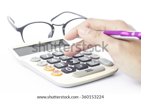 Calculator with hand isolated on white background, stock photo