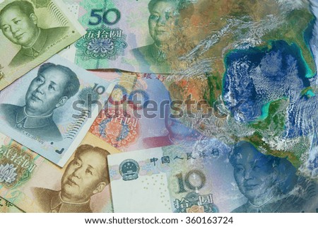 China banknote and coin money with planet world. China economic, Elements of this image furnished by NASA