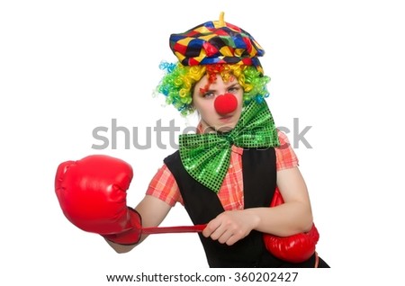 Female clown with box gloves  isolated on white