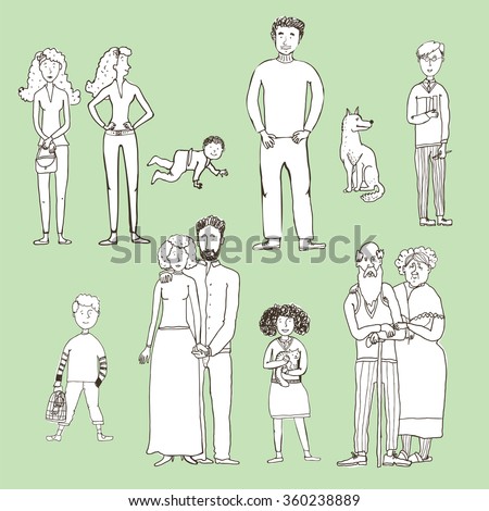 Big set of people cartoon style sketch. A happy family. Father, mother, children, grandparents, uncles and aunts, nephews, teens, baby, pets, twins, twins, brothers and sisters, a cat, a dog, a bird.