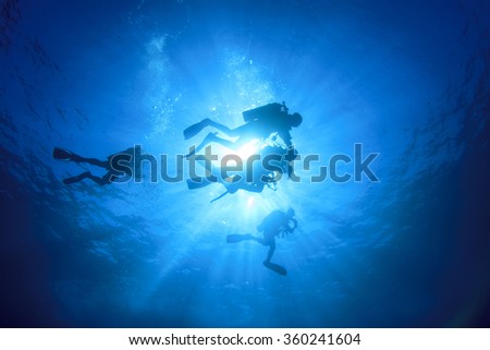 Group scuba divers diving underwater in sea: silhouette and sun