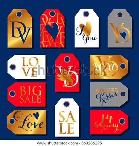 Valentines day and weeding design elements. Set of Valentines Day gift tags with  wishes.. Holiday printable badges and labels with love 