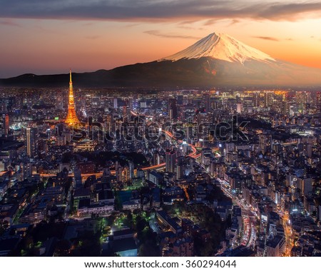 Retouch photo of Tokyo city at twilight with Mt Fuji on the background