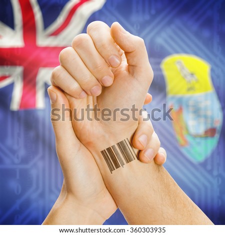 Barcode ID number on wrist of a human and national flag on background series - Ascension and Tristan da Cunha Saint Helena