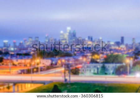 Defocused background of Philadelphia Skyline at Night. Intentionally blurred post production for bokeh effect