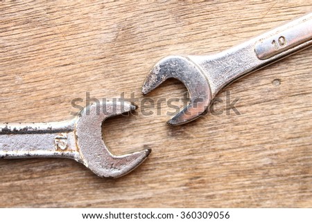 wrench on wood background