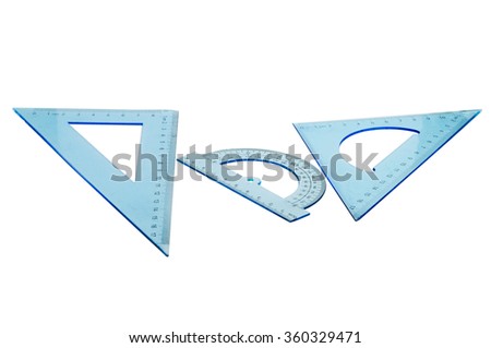 Set of multiple blue plastic rulers and the protractor, isolated over the white background