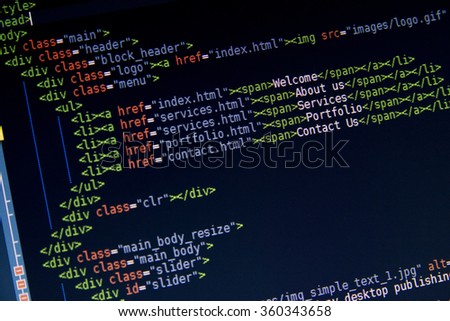 HTML menu image in code editor fro website development, implementing SEO concepts for better SERP. search engine optimization for better rankings with anchor tags for keyword planning and targeting