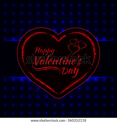 Happy Valentines day blue lights card, heart and text lights design on dark background