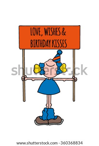 Cute original birthday greeting card with happy smiling girl wearing a blue dress and holding an orange banner. Text about birthday. Stock vector illustration. Hand drawn.
