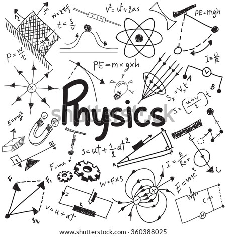 Physics science theory law and mathematical formula equation, doodle handwriting and model icon in white isolated background paper used for school education and document decoration, create by vector Royalty-Free Stock Photo #360388025