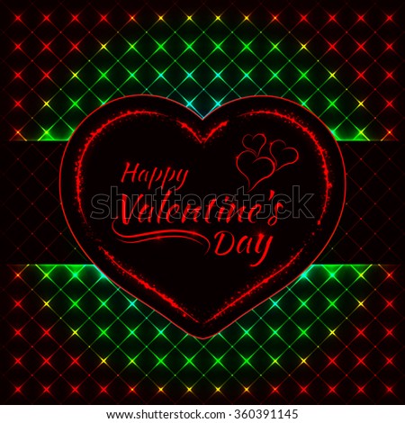 Happy Valentines day gradient lights card, heart and text lights design on dark background