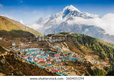 View on Namche Bazar, Khumbu district, Himalayas, Nepal Royalty-Free Stock Photo #360405194