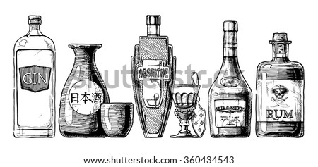 Vector set of bottles of alcohol in ink hand drawn style. isolated on white. Distilled beverage. Gin, sake, absinthe, brandy, rum. Royalty-Free Stock Photo #360434543
