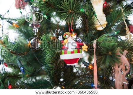 Christmas tree and christmas decorations close up photo.