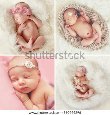 Newborn baby peacefully sleeping. Little newborn baby few days, sleeps. babygirl. infant. cute newborn baby. Sleeping baby girl. Collage of four pictures. 