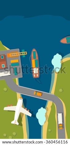 Illustration of a cargo port in flat vector style. Top view. Ship, harbor, sea, boat, crane, dock, airplane and track. For vertical banner industry shipping transport.
